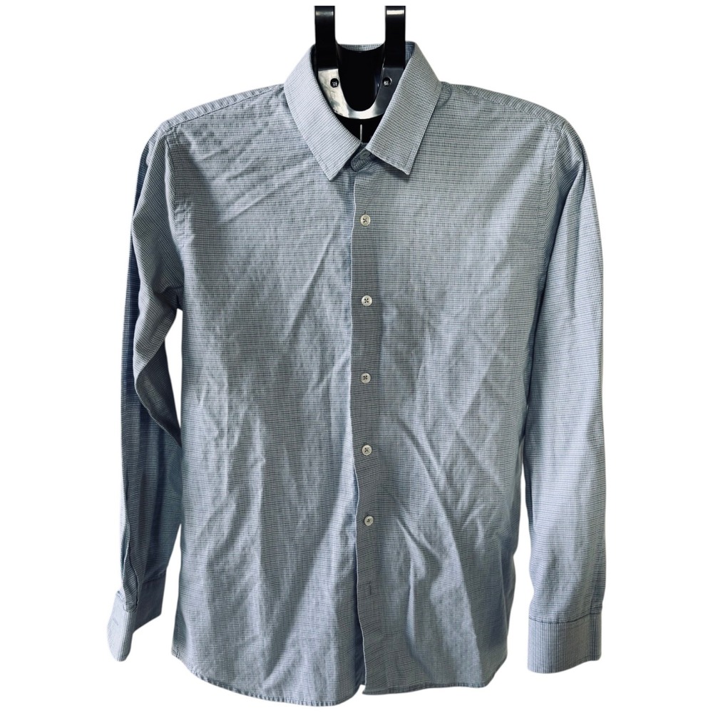 Aldo Conti Italia Dress Shirt Men Medium Blue Micro Check Button Up Office Caree